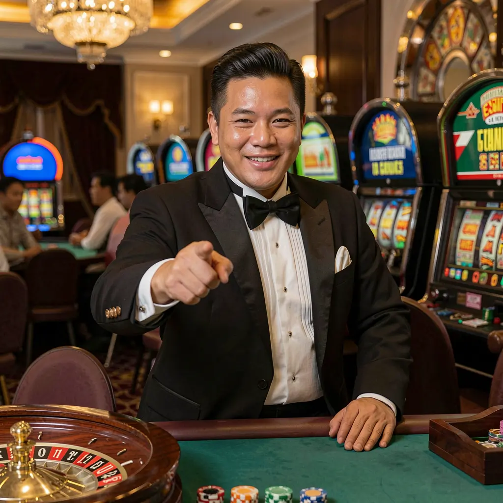 Confident live casino dealer pointing forward with floating chips and roulette symbols highlighting trusted login at G89 for players in the Philippines